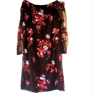 NWT Laundry By Shelli Segal Black/red Floral Sequin Cocktail Mini Dress sz 4